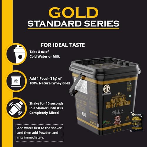 Image of MuscleTrail Gold St&ard Series,60 Pouches,Low Carb & Fat,24 grams Natural Whey Protein Powder,Shaker Inside (1.86Kg,Kulfi Pista)