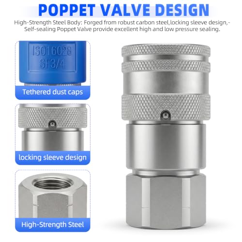 Image of 3 /4'' NPT Flat Face Hydraulic Quick Connect Couplers /Couplings Set w /Dust Caps ISO 16028 Standard, Skid Steer Bobcat 3 /4 Body Quick Disconnect 2Set