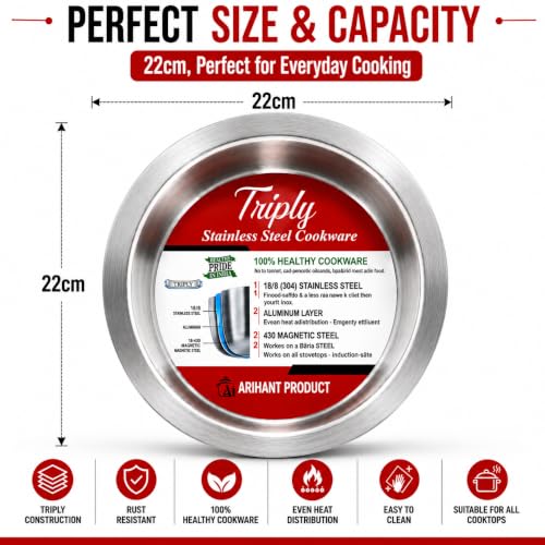 Image of Triply Stainless Steel Tope, Induction and Gas Stove Compatible, Heavy Duty Cookware Patila, 22 cm, Even Heat Distribution, Ideal for Boiling Milk, Cooking Rice, Dal and Everyday Use