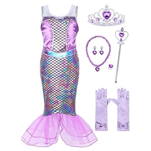 Jurebecia Mermaid Outfits for Girls Princess Dress Up for Girls Little Girls Mermaid Costume Birthday Party Mermaid Sequin Outfit with Accessories Purple 5-6 Years Cover