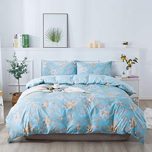 Softta Luxury Khaki Floral and Leaves Bedding Set Bohemia Chic Satin Vintage Flower Farmhouse 3Pcs Duvet/Quilt Cover Sets 100% Damask Egyptian Cotton Baby Bright Blue King Size