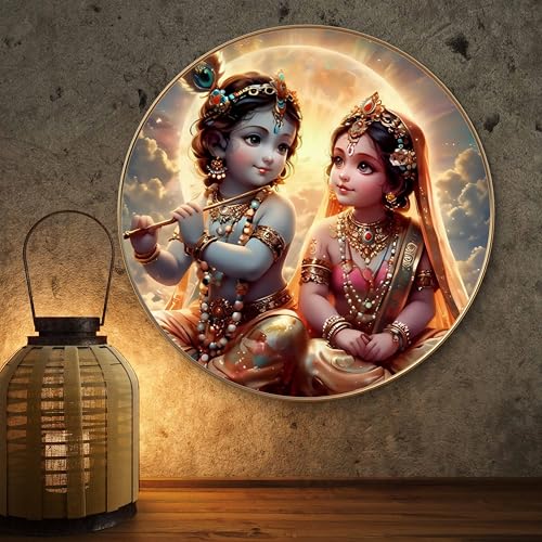 Image of Livin'luxe Baby Radha Krishna Round Art Print with Golden Frame | Cute Divine Flute HD Art Print for Pooja Room Kids Room Living Room (20x20 Inch) Art-GRL-206