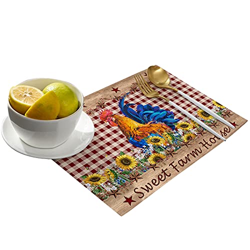 Sweet Farm House Rustic Rooster Placemats Set Of 6 Non Slip Washable Table Mats Set, Sunflower Western Texas Star Red Plaid Table Placemats For Kitchen Dining Table Wedding Holiday Party Decoration #TOP1