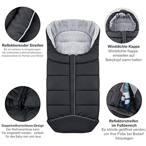 Baby Fußsack für Kinderwagen Winter Fußsack Wasserdicht Winddicht Anti Rutschschutz Winter Fußsack Buggy Universal Fußsack mit Korallenvlies für Babyschale Sportwagen Buggy （Schwarz + Grau）