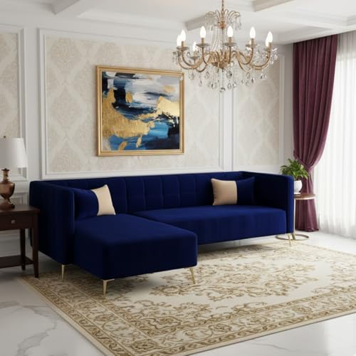 Image of SOCOZI Stylluxe 6 Seater Velvet Fabric LHS L Shape Sofa Set for Living Room |Fabric L Shape Sofa Set for Home & Office (Dark Blue)