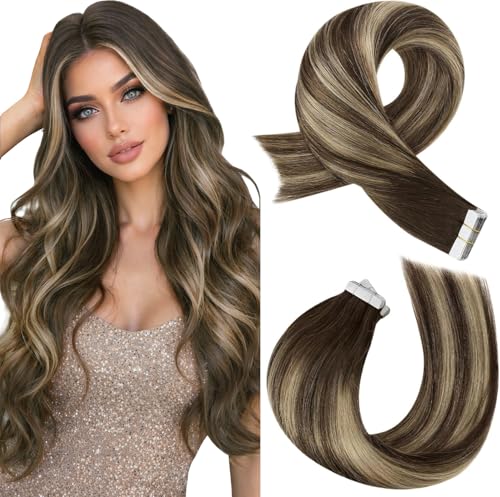 Image of Moresoo Tape Hair Extensions Caramel Balayage 24in 20Pcs 50g | Tape hair extensions real human hair, extra-long strands, dark brown base, caramel dimension, braids and evening events