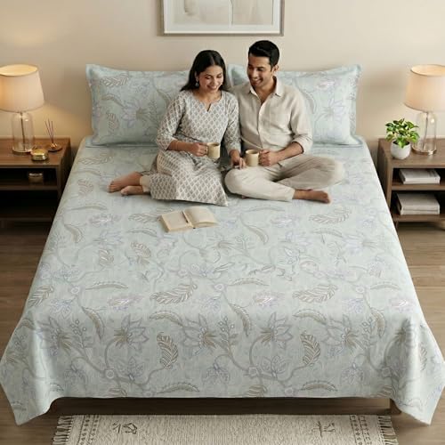 Image of Mafatlal 186 TC Metro Cotton Double Bedsheet | 90 x 100 Inch | Breathable Cotton Bed Sheet with 2 Pillow Covers | Stylish Home Linen | Emerald Teal