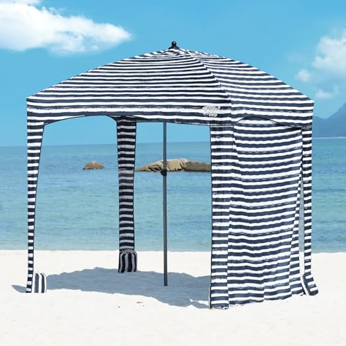 Qipi Beach Cabanas for Sand, Beach Canopy with Sandbags & Side Wall for Family, Easy Set Up Sun Shelter, UPF 50+ UV Protection with Roof Vent 6' x 6' A-Sailor Stripes