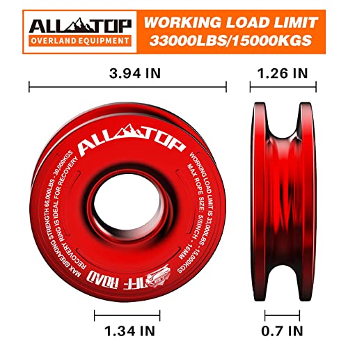 Image of ALL-TOP Recovery Ring 66000 LBS Winch Snatch Towing Ring, Tackle Pulley System, Rope Retention Safety Strap Included, Red