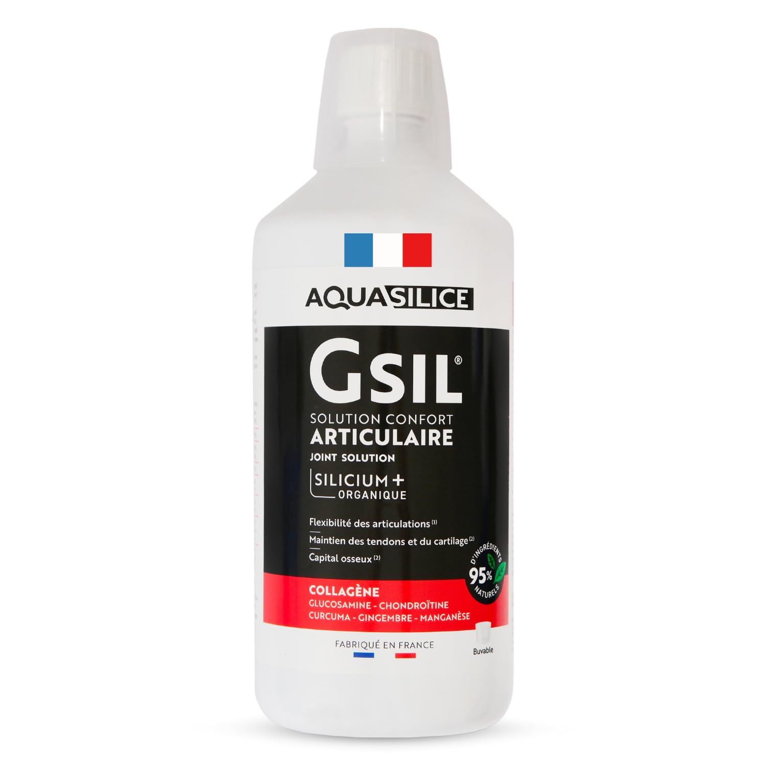 GSIL - Solution Buvable Confort Articulaire 1L - Silicium Organique, Collagène Marin, Curcuma, Glucosamine, Chondroitine & Manganèse - Mobilité, Souplesse & Renfort Osseux - Fabriqué en France