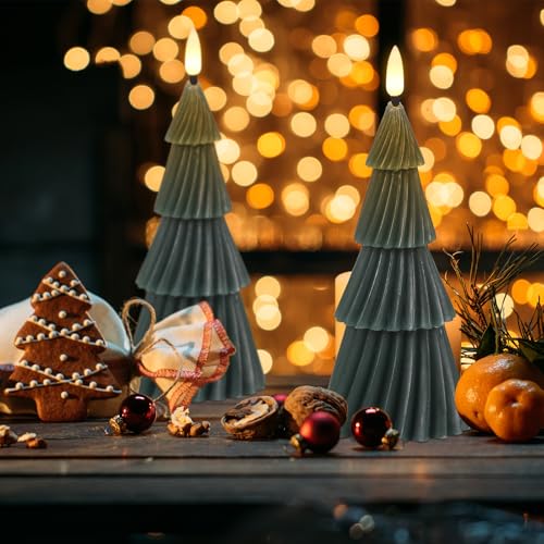 Image of Wondise Christmas Tree Flameless Candles with 6hrs Timer, Real Wax Battery Operated 3D Wick LED Candles Flameless Flickering Candles for Christmas Holiday Decor (2 pcs 3 inch x 7.1 inch)