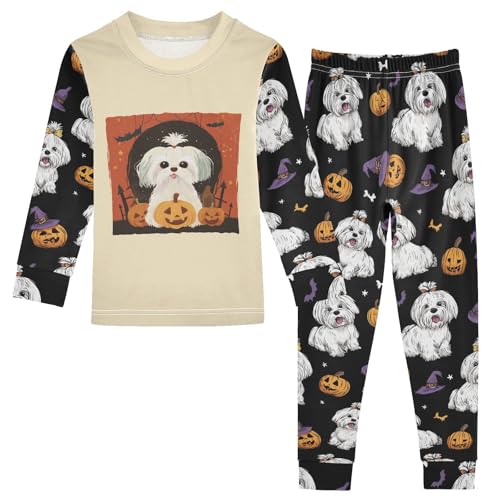 Fustylead Halloween Cartoon Maltese and Pumpkin Long Sleeve Top and Matching Bottom Cotton Pajama Sets
