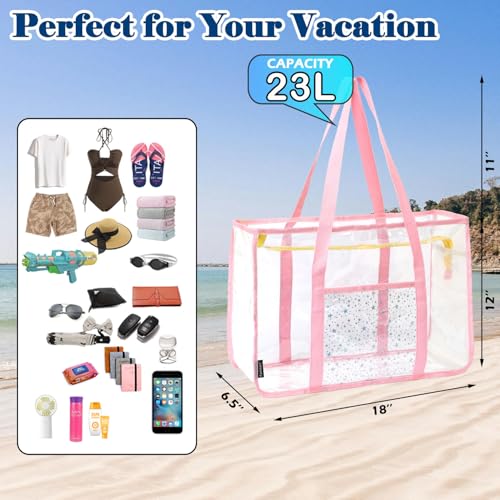 Image of Fammart Clear Beach Bag for Women, Large Pool Tote Cruise Vacation Essentials - Zipper Closure, Waterproof, Sandproof