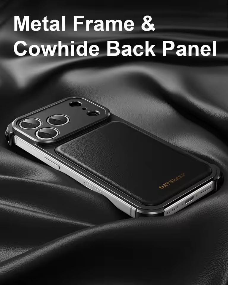 Image of Luxury Leather Phone Case Compatible with iPhone 17 Pro Max | Frameless Aluminum Alloy Bumper | Shockproof Cover - Black