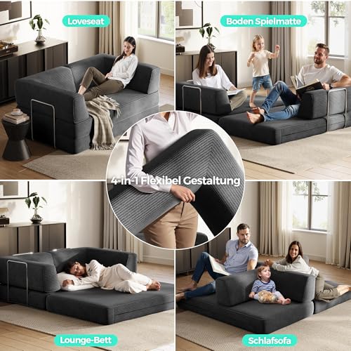 LINSY HOME Schlafsofa - Bodensofa Bed mit Pillow Back Support Armrest - Schlafsofa Klappbar 160 cm Breit- Compressed Sofa in Box - Cord Stoff für Wohnzimmer Schlafzimmer - Schwarz