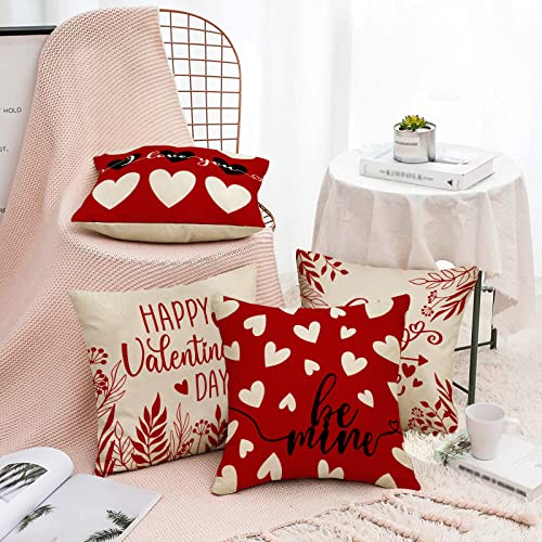 Fahrendom Happy Valentines Day Love Hearts Decorative Throw Pillow Cover 18X18 Set Of 4, Red White Arrow Holiday Porch Patio Outdoor Pillowcase, Quote Be Mine Lover Gifts Cushion Case Home Decor #TOP5