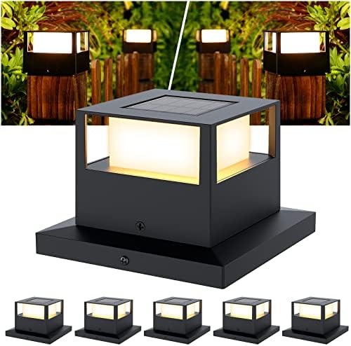 6 Pack Solar Post Lights Outdoor Solar Post Cap Lights, 20 Lumen High Brightness Waterproof LED Fence Post Solar Lights with Base for 4×4 5×5 6×6 Wooden Posts,Black
