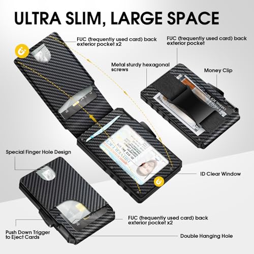 Wallet for Men, Smart Pop Up Wallet, Slim Minimalist RFID Blocking Card Holder, Aluminum Case, Magnetic Closure 10-14 Card Capacity, ID Window, Cash Slot (Carbon Fiber)2