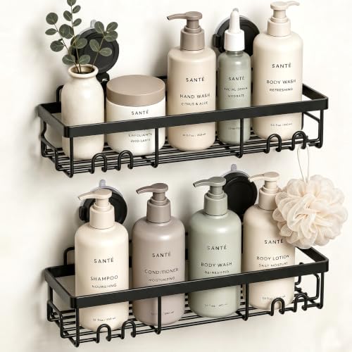 Image of Moforoco Suction Cup Shower Caddy Shelf Organizer Rack, Black Bathroom Shelves Basket, Home Farmhouse Wall Inside Organization and Storage