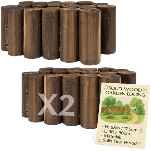 Wood Garden Edging for Landscaping, Round Log Fence Border for Flower Beds, Heavy-Duty Carbonized Pine with Rustic Look, Pre-Connected Natural Logs for Outdoor Paths and Lawns (5.9' H x 35' L, 2 Pack)