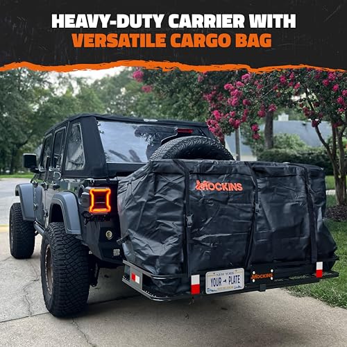 Image of Mockins 60 inchx24 inchx6 inch Heavy Duty Trailer Hitch Cargo Carrier & 25 CuFt Waterproof Cargo Bag for Hitch Carrier | 500 Lbs. Capacity Folding Luggage Rack for SUV Car Truck with Plate Bracket & Accessories