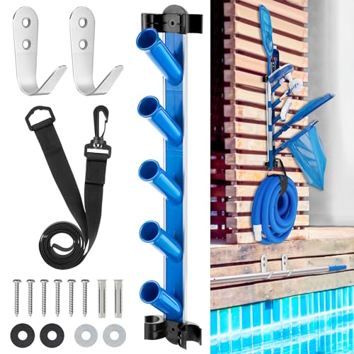 Dunkive Swimming Pool Accessories Holder Pool Cleaning Accessory Organizer and Holder Rack Pool Tool Organizer Storage Rack for Poles Skimmers Leaf Rakes Nets Brushes Vacuum Hose
