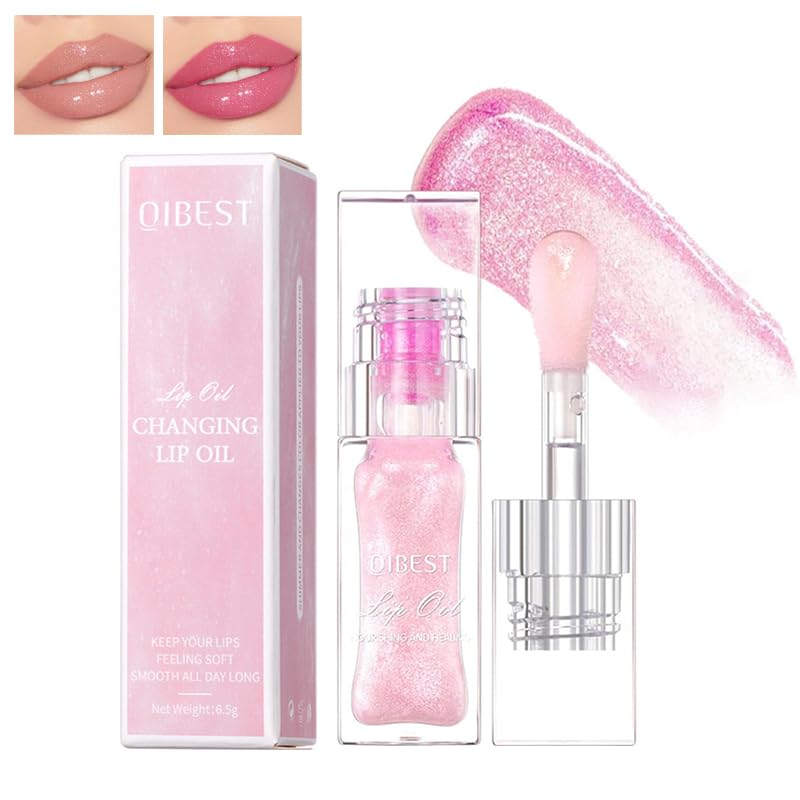 Color Changing Lip Oil, Magic Warm Change Glitter Lip Gloss, Moisturizing Color Changing Lip Glow Oil with Big Brush, Shimmery Plumping Lip Oil, Long Lasting Nourishing Non-sticky Lip Tint Oil, Pink2