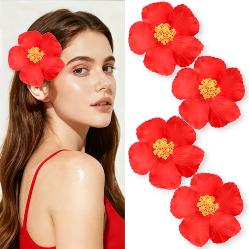 4 Pcs Red Hawaiian Flower Hair Clips Enthusiasm Fashion Red Flower Hair Clip 3.15 Bohemian Tropical Flowers Hair Clip for Women Girls Dancer Bridal Wedding Beach Party Hair Accessories