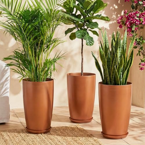 Image of Heart Home 3 Pcs Big Planters /Vase with Saucer for Home Decor | 18 Inch Large Outdoor & Indoor Flower Pot /Drainage Hole /Lightweight /Plant Container | Copper