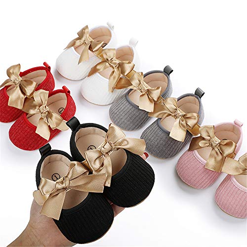 Bellocasa Baby Mary Jane Flats for Girls with Bowknot Cotton Anti Skid Sole Infant First Walker Princess Dress Crib Wedding Shoes (A/Black, 0_Months)