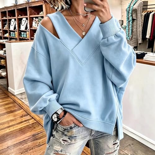 MESSIYO Off Shoulder Tops For Women Fall Cute Long Sleeve Shirts Sky Blue - image 2