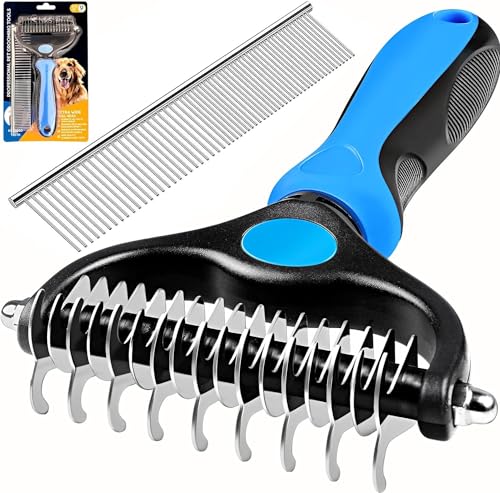 Image of SILENCIO Undercoat Rake for Dogs Double Coat with Pet Comb, Pet Grooming Brush Double-Sided Deshedding Tool Removes Knot & Tangled Hair Dematting Comb for Dogs with Dog Comb for Grooming Furever Brush