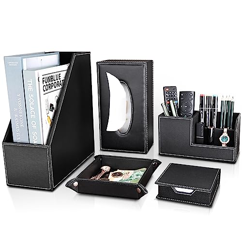 KINGFOM 5 PCS/SET Pu Leather Desk Organizer File Holder Accessories, Magazine Storage Rack+Desktop Pen&Pencil Holder+Tissue Box Cover+Leather Jewelry Accessories Tray