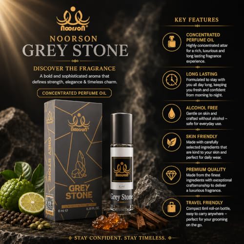 Image of Noorson Grey Stone Attar 6ml | Long Lasting Alcohol-Free Perfume Oil for Men & Women | Premium Natural Ittar Fragrance | Roll-On Concentrated Attar | Daily Wear & Special Occasion Scent | Travel Friendly Bottle