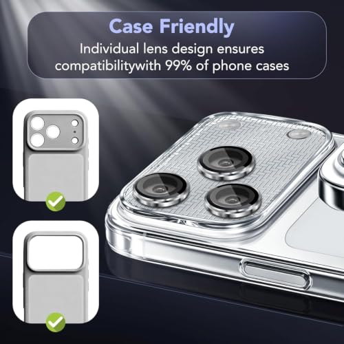 Image of Camera Lens Protector Combo for iPhone 17 Pro Silver HD Clear 9H Tempered Glass Heavy Duty Camera Protector Scratch Resistant Camera Armor Ring Case Friendly Waterproof Camera Guard