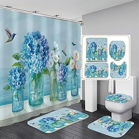 jieprom 4PCS Sunflower Shower Curtain Set with Non-Slip Rugs, Toilet Lid Cover and Bath Mat, Yellow Floral Shower Curtain with 12 Hooks, Waterproof Sunflower Bathroom Decor Set Cover