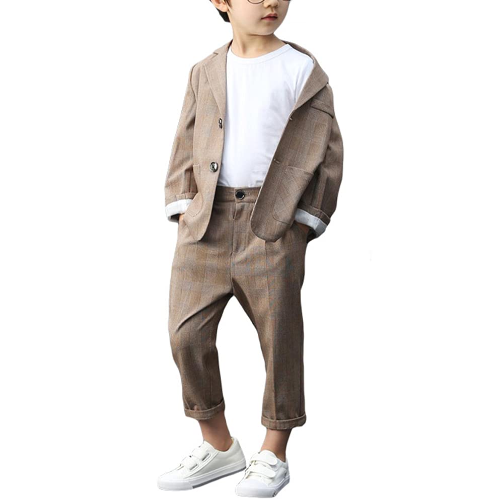 HONGBI Kinder Junge Festlichen Anzug Set Grau Plaid Kinder Blazer und Hosen Outfit 3 Stück Freizeitkleidung Kinder Sommer Taufe Hochzeit Gentleman Anzüge Kinderanzüge 2-12 Jahre Jungen Freizeitanzug