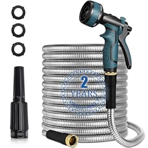 Garden Hose Metal Water Hose 50FT Heavy Duty Hose with 8 Function Hose Nozzle for Yard Lawn Rust-proof Anti-puncture Kink Free Lightweight Durable Outdoor Stainless Steel Garden Hose