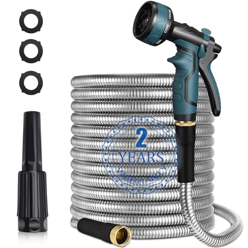 Garden-Hose-Metal-Water-Hose-50FT-Heavy-Duty-Hose-with-8-Function-Hose-Nozzle-for-Yard-Lawn-Rust-proof-Anti-puncture-Kink-Free-Lightweight-Durable-Outdoor-Stainless-Steel-Garden-Hose