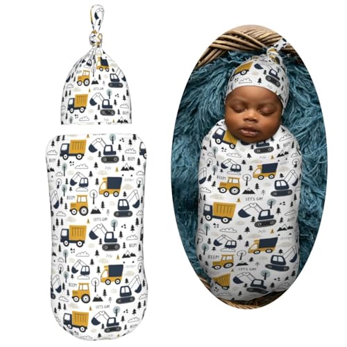 Image of Cars Truck Tractor Newborn Swaddle Blankets Hat Sets Soft Baby Receiving Blanket Swaddle Sack for Baby Shower Infant Boy Girl Gift