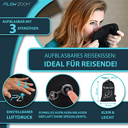 Nackenkissen aufblasbar von FLOWZOOM - aufblasbares Nackenhörnchen für Reisen in Flugzeug, Auto, Zug - Schnell aufblasbar, Nacken- und Kinn-stützend mit samtweichem Bezug (schwarz) - Image 5