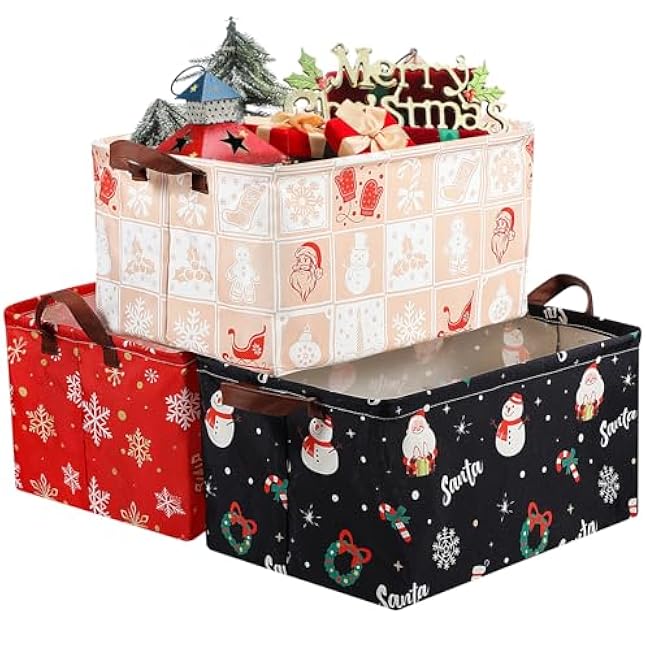 3 Pack Storage Baskets Waterproof Canvas with Leather Handles Collapsible Storage Bins Cube Baskets for Closet Clothes Room Decor Gift Basket(Xmas)