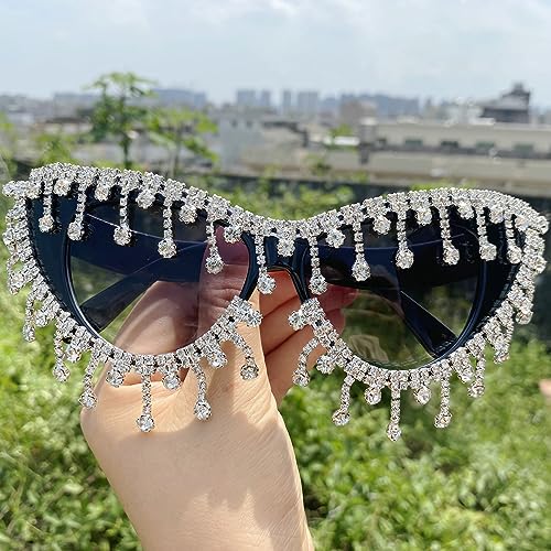 Vintage Cat Eye Tassel Rhinestones Sunglasses Women Crystal Tassels Sun Glasses Unique bling bling Diamond Eyeglasses3