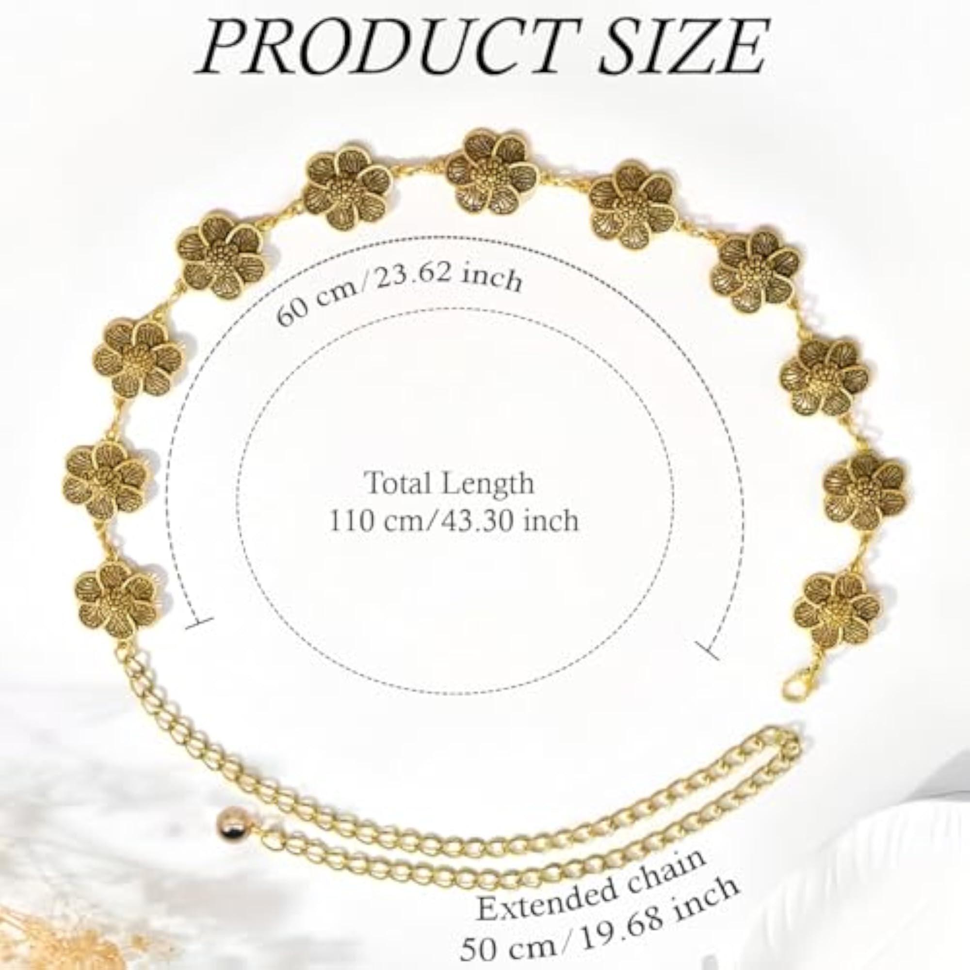 Women's Antique Floral Pattern Adjustable Waist Chain, Gold