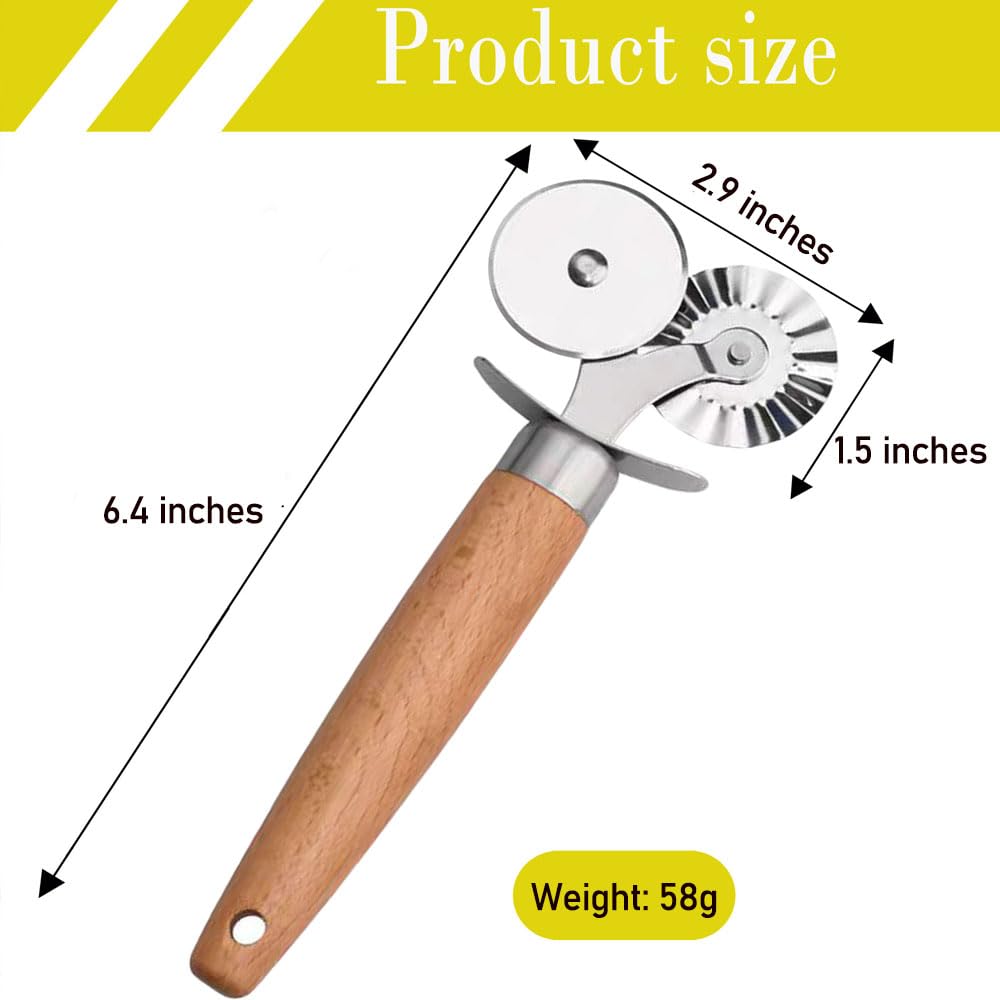 MTOMDY Stainless Steel Double Roller Pastry Wheel Cutter with Long Wooden Handle,Pizza,Ravioli Wheel,Multipurpose Pasta Cutter Wheel for Kitchen