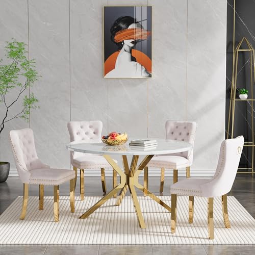 Image of 5-Piece Round Dining Table Set for 4, Luxury Faux Marble Kitchen Table Set for 4 with Beige Velvet Chairs, 45 inch Circle Dining Room Tables with White Marble Top and Gold Stainless Steel Cross Legs