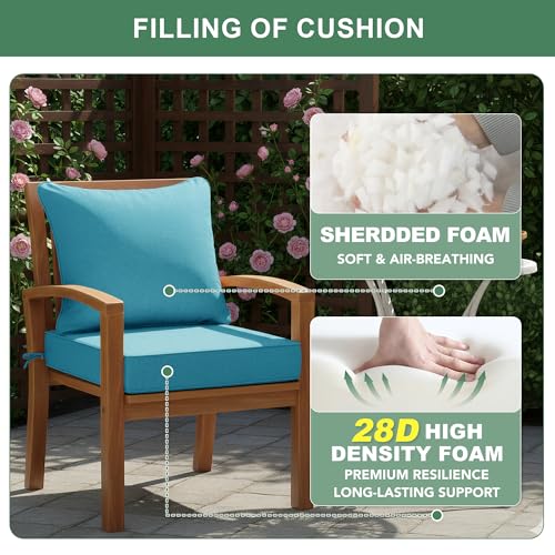 Image of Summsun Faux Linen Outdoor Chair Cushions, Water Resistant Backrest and Deep Seat Cushion Set with Removable Cover, Straps, Non-Slip Bottom for Patio Furniture, 24 x 24 Inch, Teal, Set of 4