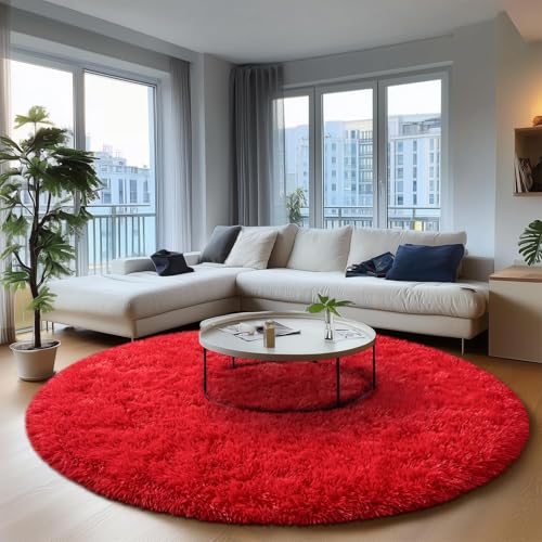 Image of Shaggy Round Area Rug - Soft Plush Circle Solid Color Carpet for Living Room, Bedroom, Kids Room - Fluffy Fuzzy Floor Mat for Home Decor (Red, 5x5 feet, Round)