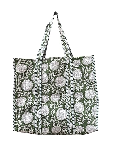 Image of Quilted Cotton Hand printed Reversible Large multicolor cotton Tote Bag,Indian Handmade Block Printed Tote Bag Women Handbag