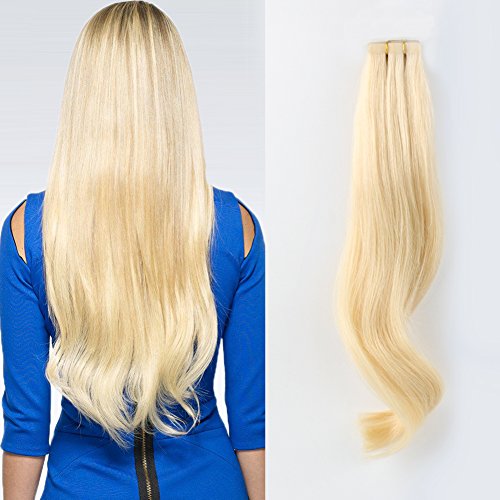 ABH AMAZINGBEAUTY Semi-permanent Real Remi-Remy 100 Human Hair Tape in Extensions 50g-20pcs Glue in Skin Weft Tape Attached Invisible Seamless Reusable Beach Blonde-Bleach Blonde Color 613 22 Inch